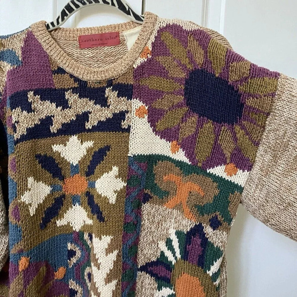 Vintage Northern Isles Floral Abstract Knit Sweater Tan Neutral Granny - Picture 2 of 5